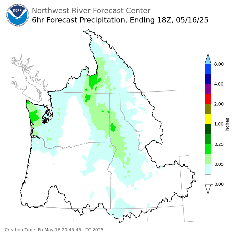 Day 1 (Friday): 6 Hourly Precipitation Forecast ending Friday, May 16 at 11 am PDT