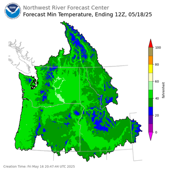 Day 2 (Saturday): Min Temperature Forecast ending Sunday, May 18 at 5 am PDT