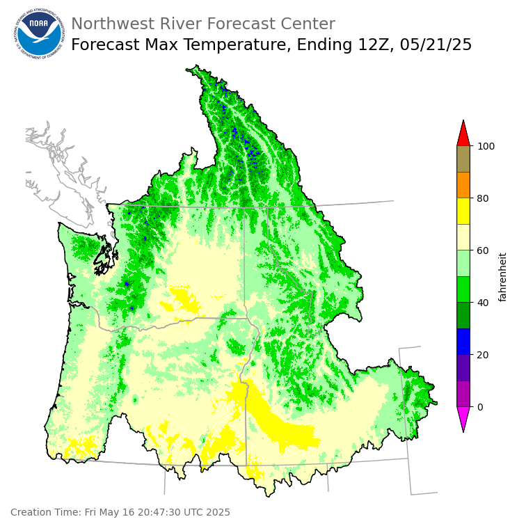 Day 5 (Tuesday): Max Temperature Forecast ending Wednesday, May 21 at 5 am PDT