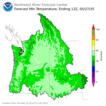 Day 5 (Monday): Min Temperature Forecast ending Tuesday, May 27 at 5 am PDT