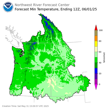 Day 1 (Saturday): Min Temperature Forecast ending Sunday, June 1 at 5 am PDT