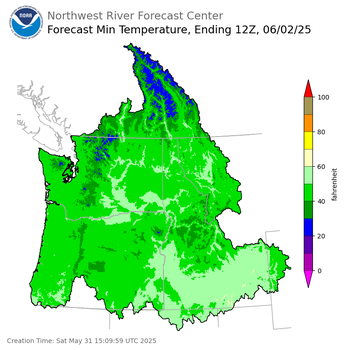 Day 2 (Sunday): Min Temperature Forecast ending Monday, June 2 at 5 am PDT