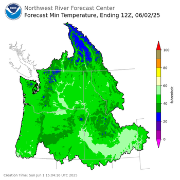 Day 1 (Sunday): Min Temperature Forecast ending Monday, June 2 at 5 am PDT