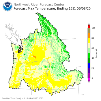 Day 2 (Monday): Max Temperature Forecast ending Tuesday, June 3 at 5 am PDT