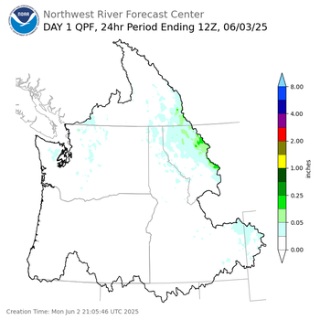 Day 1 (Monday): Precipitation Forecast ending Tuesday, June 3 at 5 am PDT
