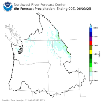Day 1 (Monday): 6 Hourly Precipitation Forecast ending Monday, June 2 at 5 pm PDT
