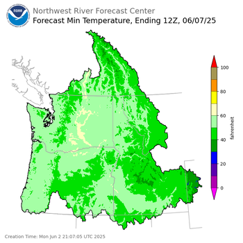 Day 5 (Friday): Min Temperature Forecast ending Saturday, June 7 at 5 am PDT