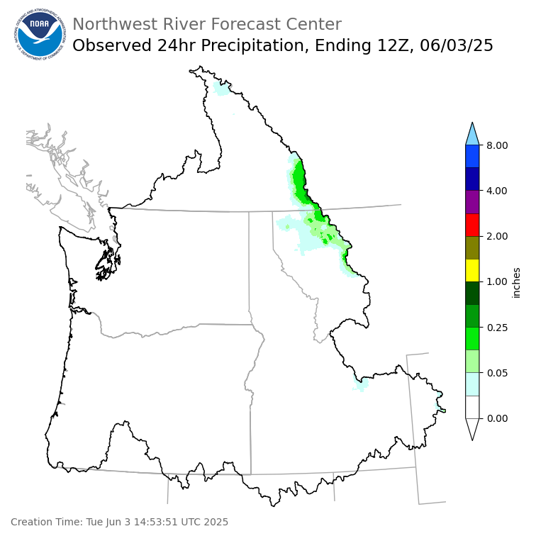 Observed Precipitation ending Tuesday, June 3 at 5 am PDT