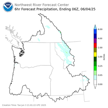 Day 1 (Tuesday): 6 Hourly Precipitation Forecast ending Tuesday, June 3 at 11 pm PDT