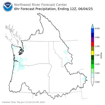 Day 1 (Tuesday): 6 Hourly Precipitation Forecast ending Wednesday, June 4 at 5 am PDT