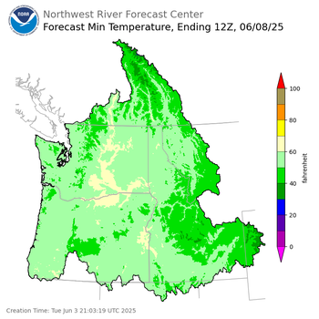 Day 5 (Saturday): Min Temperature Forecast ending Sunday, June 8 at 5 am PDT