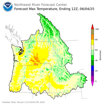 Day 1 (Tuesday): Max Temperature Forecast ending Wednesday, June 4 at 5 am PDT