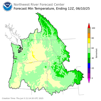 Day 5 (Monday): Min Temperature Forecast ending Tuesday, June 10 at 5 am PDT