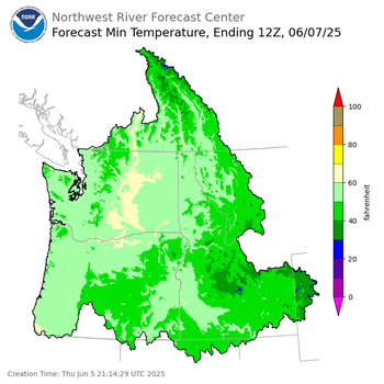 Day 2 (Friday): Min Temperature Forecast ending Saturday, June 7 at 5 am PDT