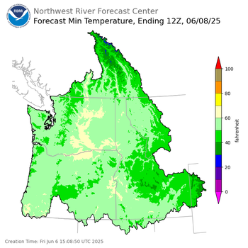 Day 2 (Saturday): Min Temperature Forecast ending Sunday, June 8 at 5 am PDT