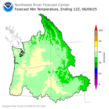 Day 3 (Sunday): Min Temperature Forecast ending Monday, June 9 at 5 am PDT