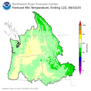 Day 4 (Monday): Min Temperature Forecast ending Tuesday, June 10 at 5 am PDT