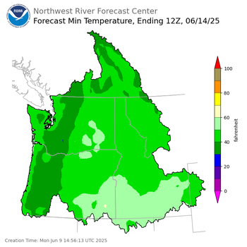Day 5 (Friday): Min Temperature Forecast ending Saturday, June 14 at 5 am PDT