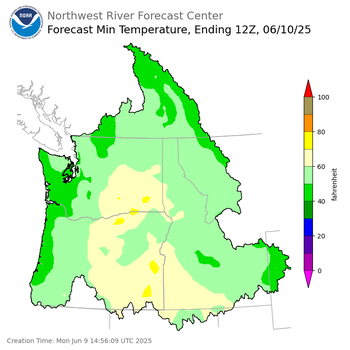 Day 1 (Monday): Min Temperature Forecast ending Tuesday, June 10 at 5 am PDT