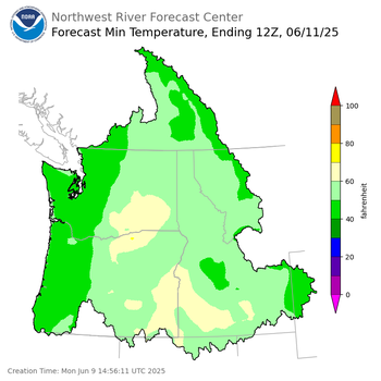Day 2 (Tuesday): Min Temperature Forecast ending Wednesday, June 11 at 5 am PDT