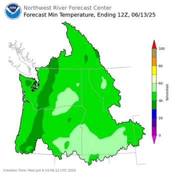 Day 4 (Thursday): Min Temperature Forecast ending Friday, June 13 at 5 am PDT