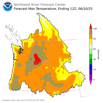 Day 1 (Monday): Max Temperature Forecast ending Tuesday, June 10 at 5 am PDT