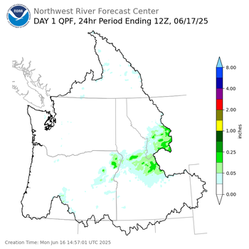 Day 1 (Monday): QPF Forecast  ending Tuesday, June 17 at 5 am PDT