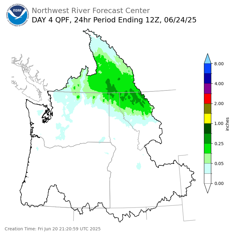 Day 4 (Monday): Precipitation Forecast ending Tuesday, June 24 at 5 am PDT