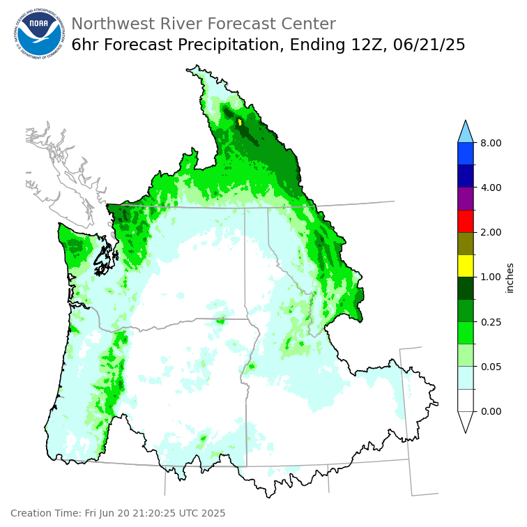 Day 1 (Friday): 6 Hourly Precipitation Forecast ending Saturday, June 21 at 5 am PDT