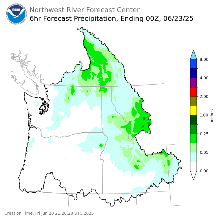 Day 3 (Sunday): 6 Hourly Precipitation Forecast  ending Sunday, June 22 at 5 pm PDT