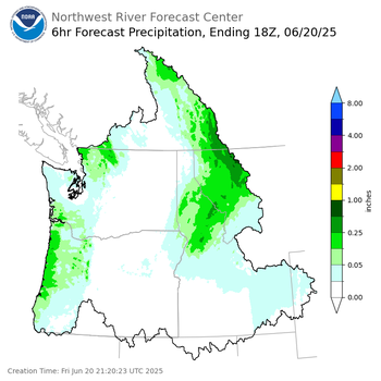 Day 1 (Friday): 6 Hourly Precipitation Forecast ending Friday, June 20 at 11 am PDT