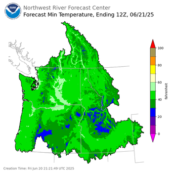 Day 1 (Friday): Min Temperature Forecast ending Saturday, June 21 at 5 am PDT