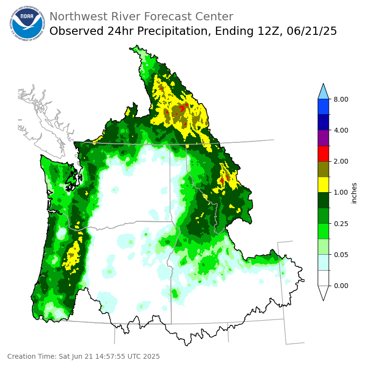 Observed Precipitation ending Saturday, June 21 at 5 am PDT