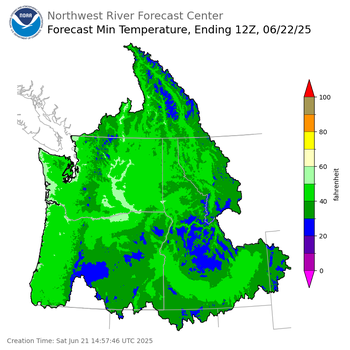 Day 1 (Saturday): Min Temperature Forecast ending Sunday, June 22 at 5 am PDT