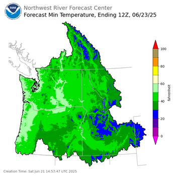 Day 2 (Sunday): Min Temperature Forecast ending Monday, June 23 at 5 am PDT