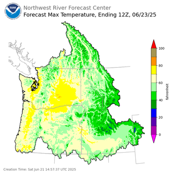 Day 2 (Sunday): Max Temperature Forecast ending Monday, June 23 at 5 am PDT