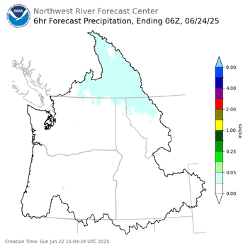 Day 2 (Monday): 6 Hourly Precipitation Forecast  ending Monday, June 23 at 11 pm PDT