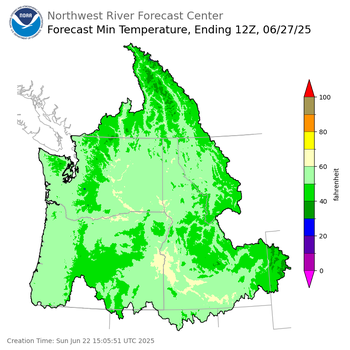 Day 5 (Thursday): Min Temperature Forecast ending Friday, June 27 at 5 am PDT