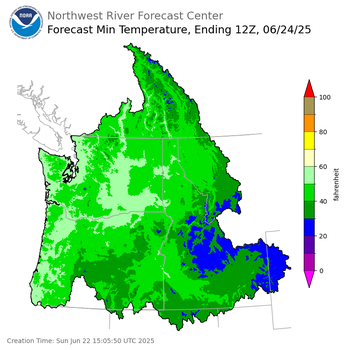 Day 2 (Monday): Min Temperature Forecast ending Tuesday, June 24 at 5 am PDT