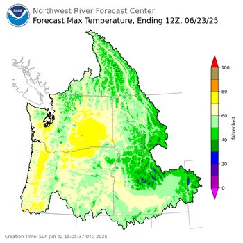 Day 1 (Sunday): Max Temperature Forecast ending Monday, June 23 at 5 am PDT