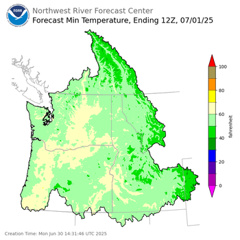 Day 1 (Monday): Min Temperature Forecast ending Tuesday, July 1 at 5 am PDT