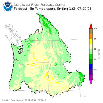Day 2 (Tuesday): Min Temperature Forecast ending Wednesday, July 2 at 5 am PDT