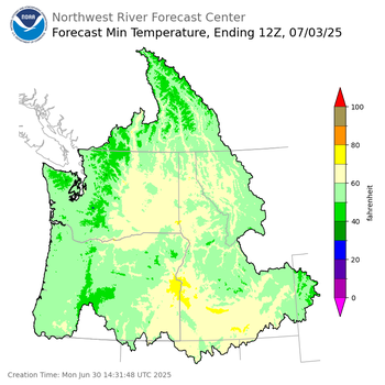 Day 3 (Wednesday): Min Temperature Forecast ending Thursday, July 3 at 5 am PDT