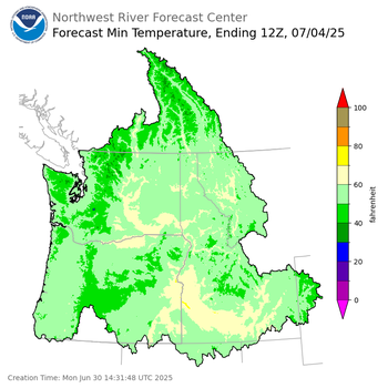 Day 4 (Thursday): Min Temperature Forecast ending Friday, July 4 at 5 am PDT