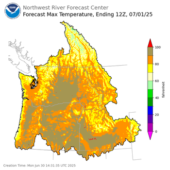Day 1 (Monday): Max Temperature Forecast ending Tuesday, July 1 at 5 am PDT