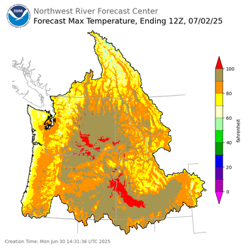 Day 2 (Tuesday): Max Temperature Forecast ending Wednesday, July 2 at 5 am PDT