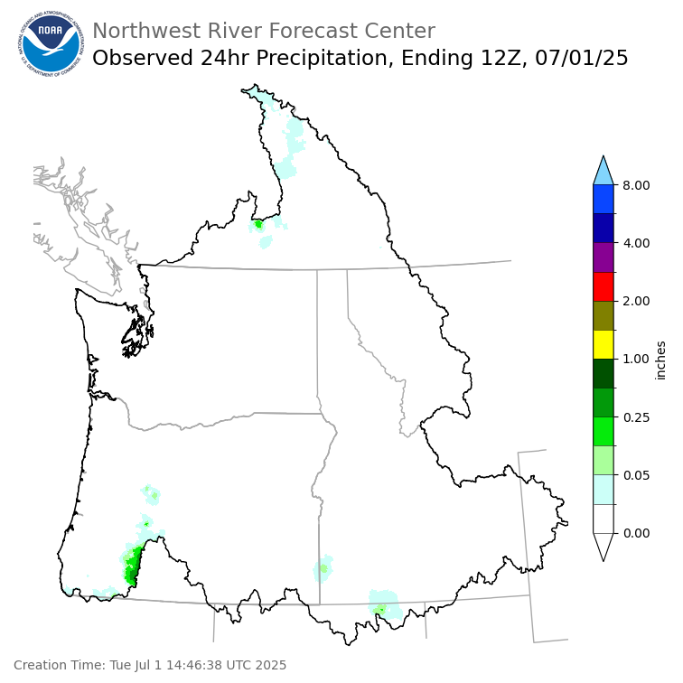 Observed Precipitation ending Tuesday, July 1 at 5 am PDT