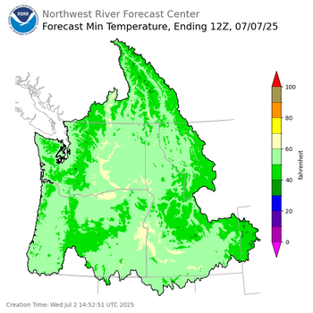Day 5 (Sunday): Min Temperature Forecast ending Monday, July 7 at 5 am PDT