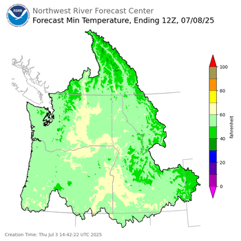 Day 5 (Monday): Min Temperature Forecast ending Tuesday, July 8 at 5 am PDT