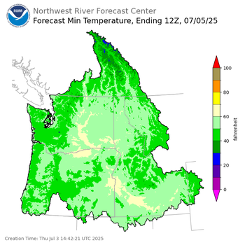 Day 2 (Friday): Min Temperature Forecast ending Saturday, July 5 at 5 am PDT